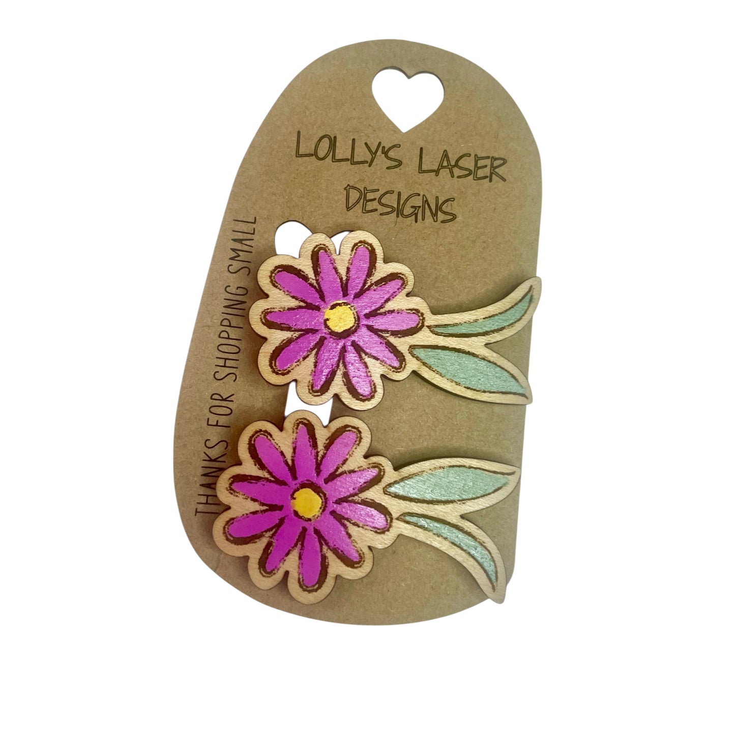 Wooden Pink Flower Barrettes