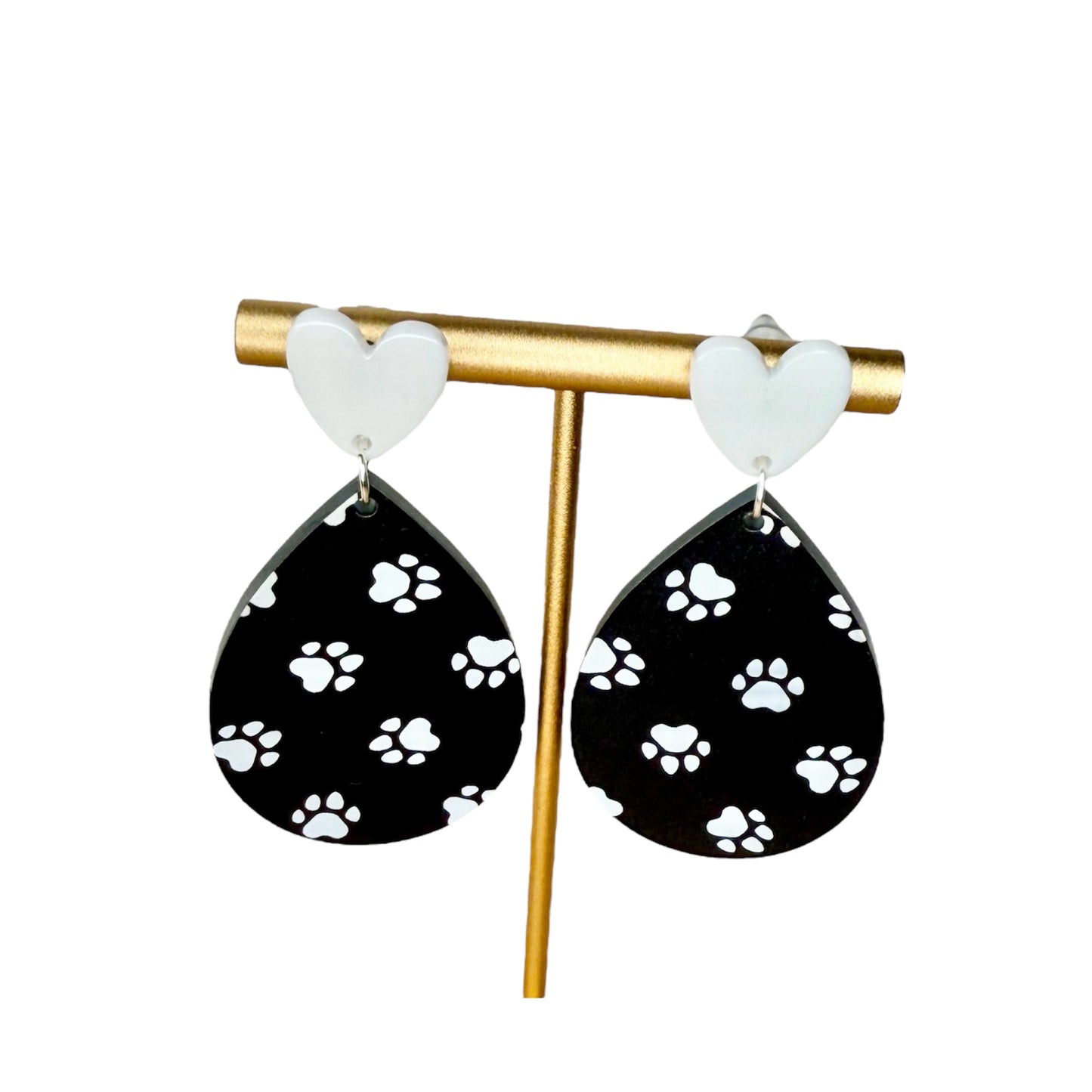 Black & White Dog Paw Earring with White Heart Stud Earrings