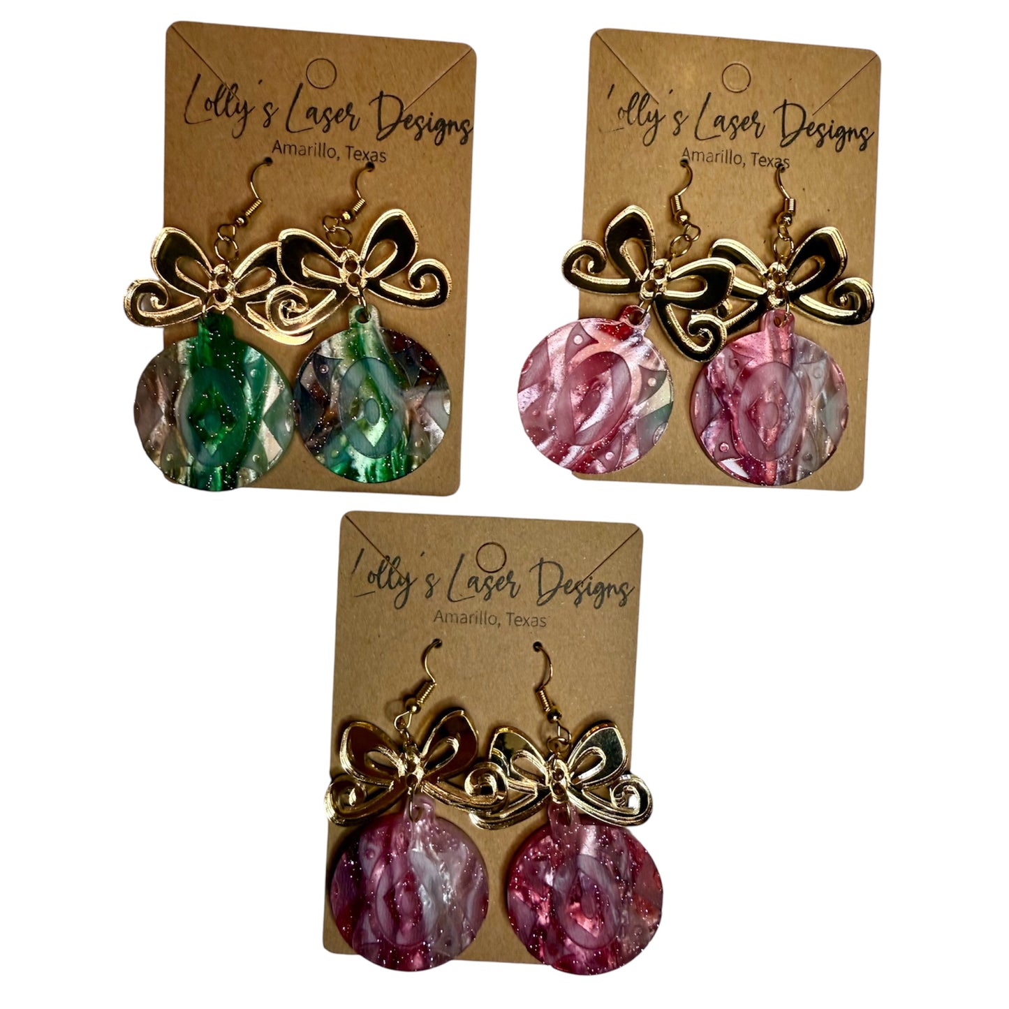 Diamond Engraved Ornament Earrings with Mirror Gold Bow