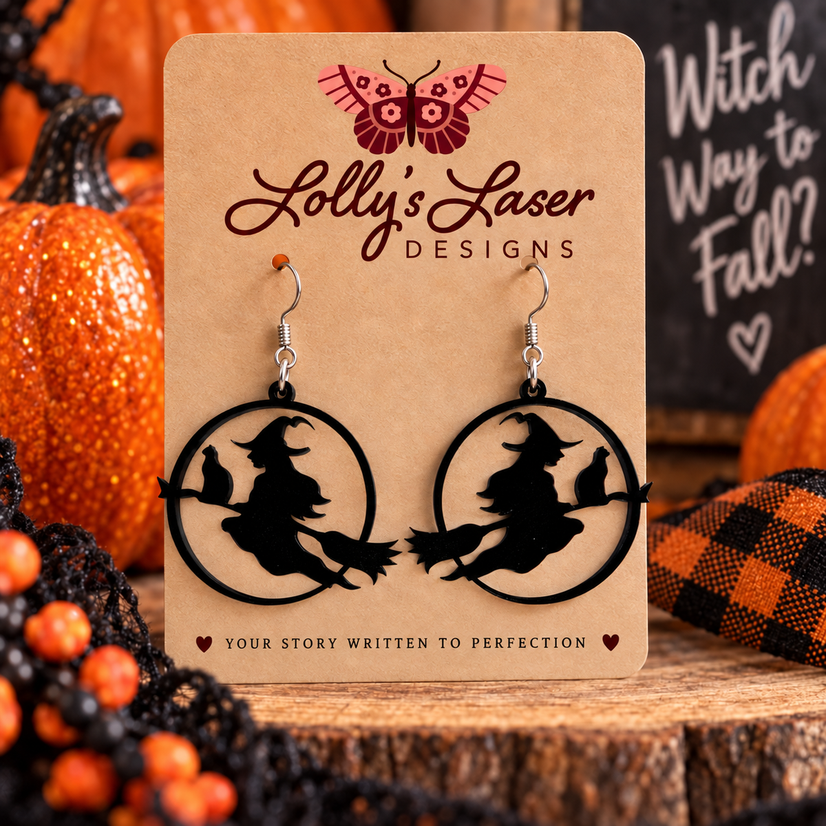 Witch on Broom with Cat Earrings