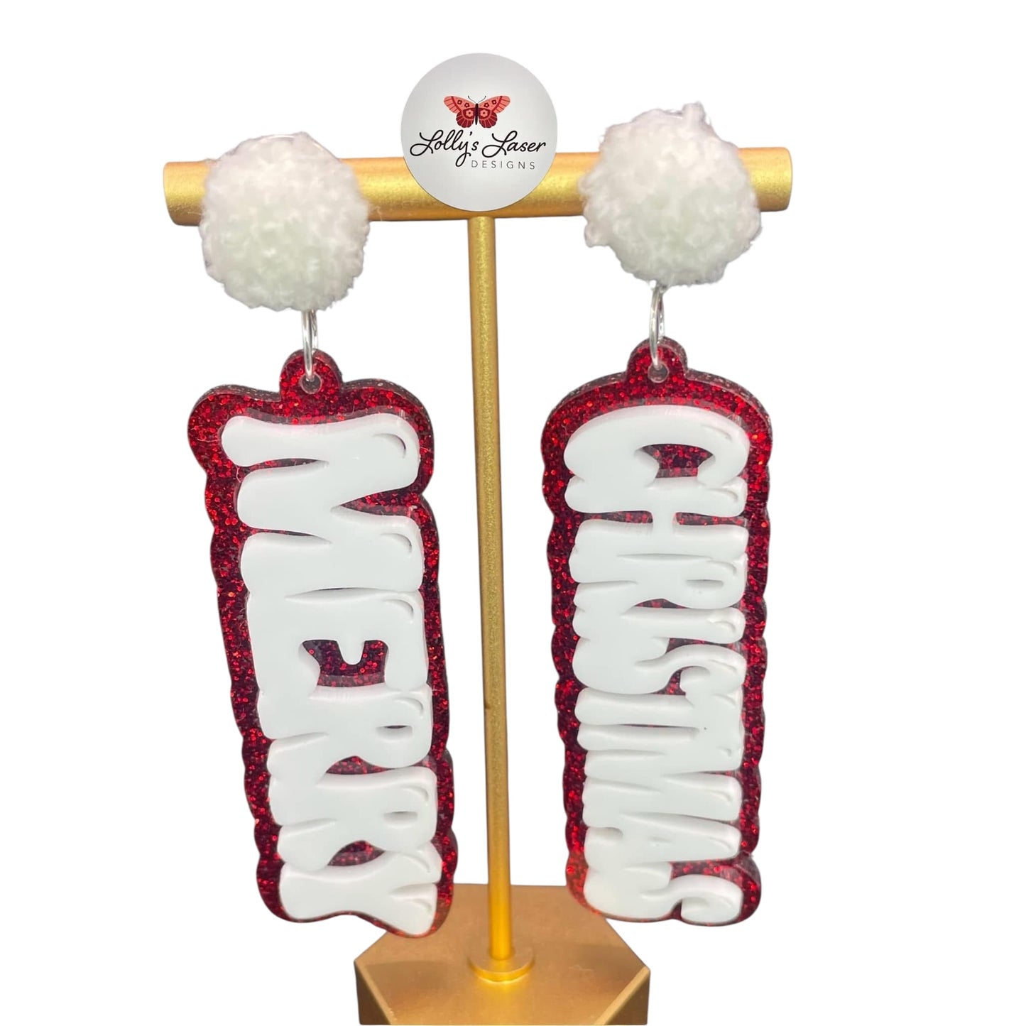 Merry Christmas w/White Pom Pom Stud Topper Earrings