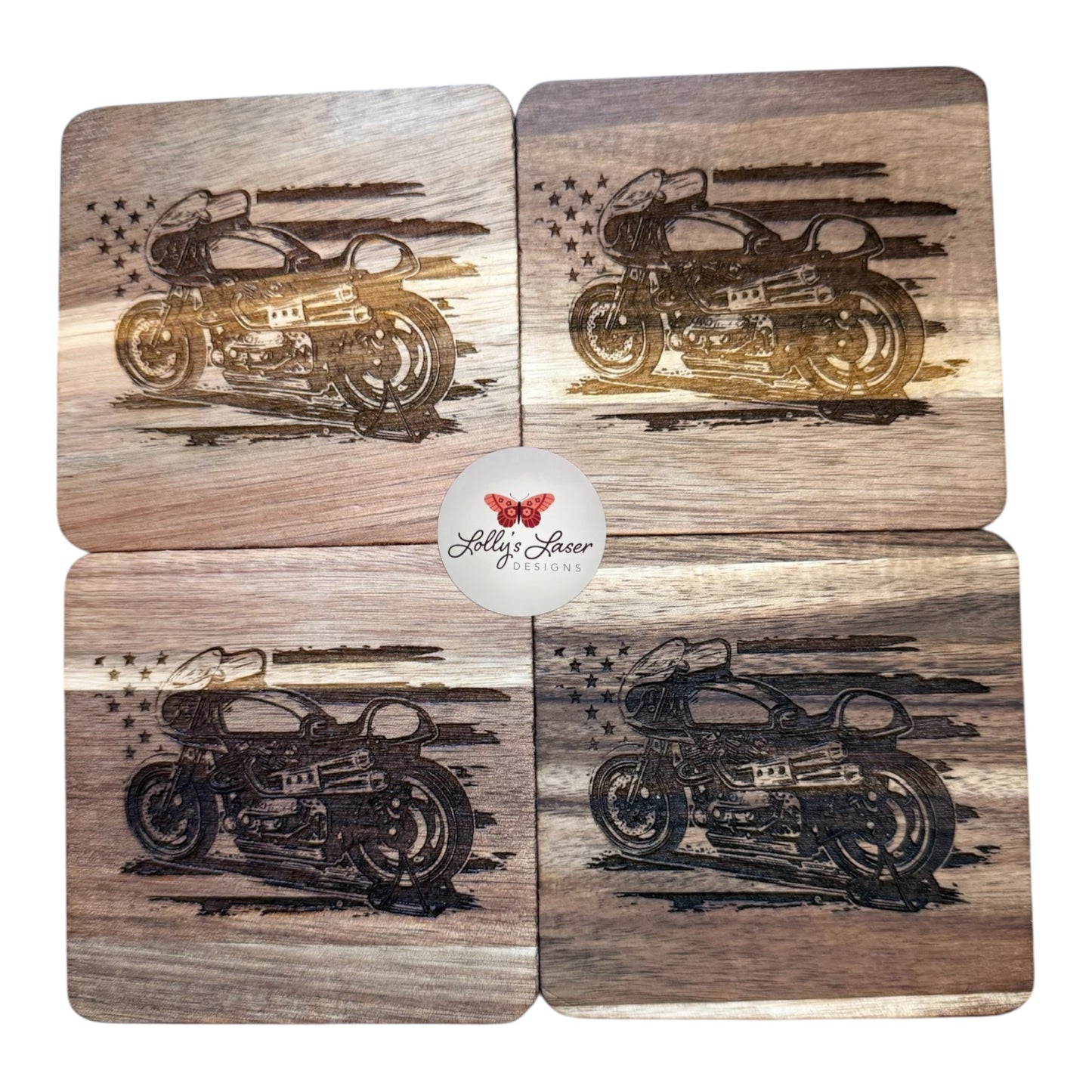Motorcycle with USA Flag Coaster Set