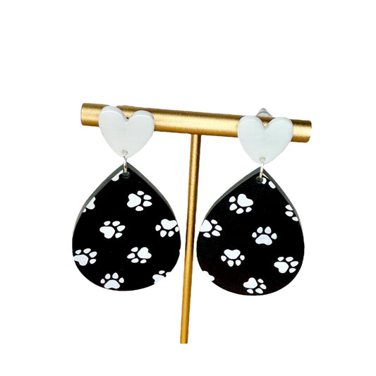 Black & White Dog Paw Earring with White Heart Stud Earrings