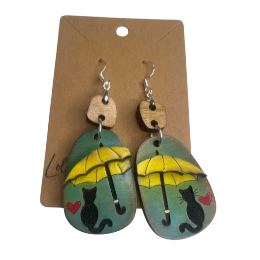Cat w/ Umbrella Dangle Earrings