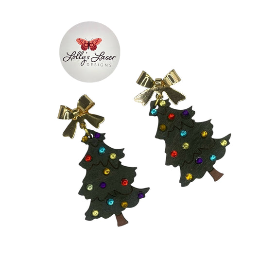 Gold Bow Stud Christmas Tree Earrings