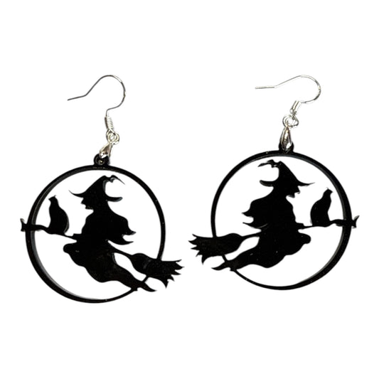 Witch on Broom with Cat Earrings