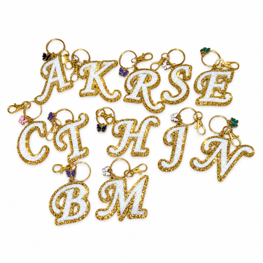Gold & White Glitter Initial Keychains/Bag Charms