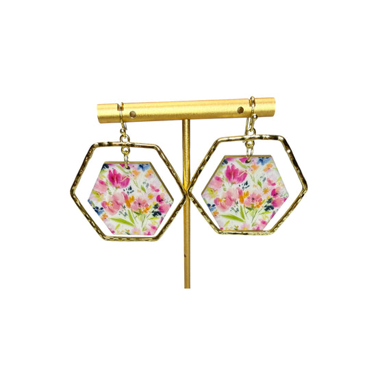 Watercolor Floral Hexagon Earrings