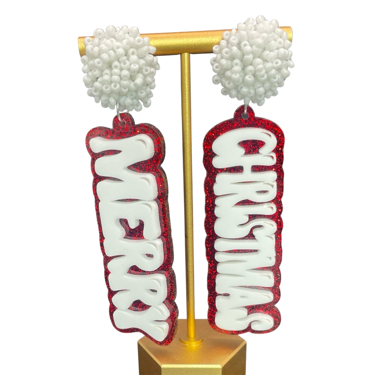 Merry Christmas Earrings w/ Large White Beaded Stud Topper
