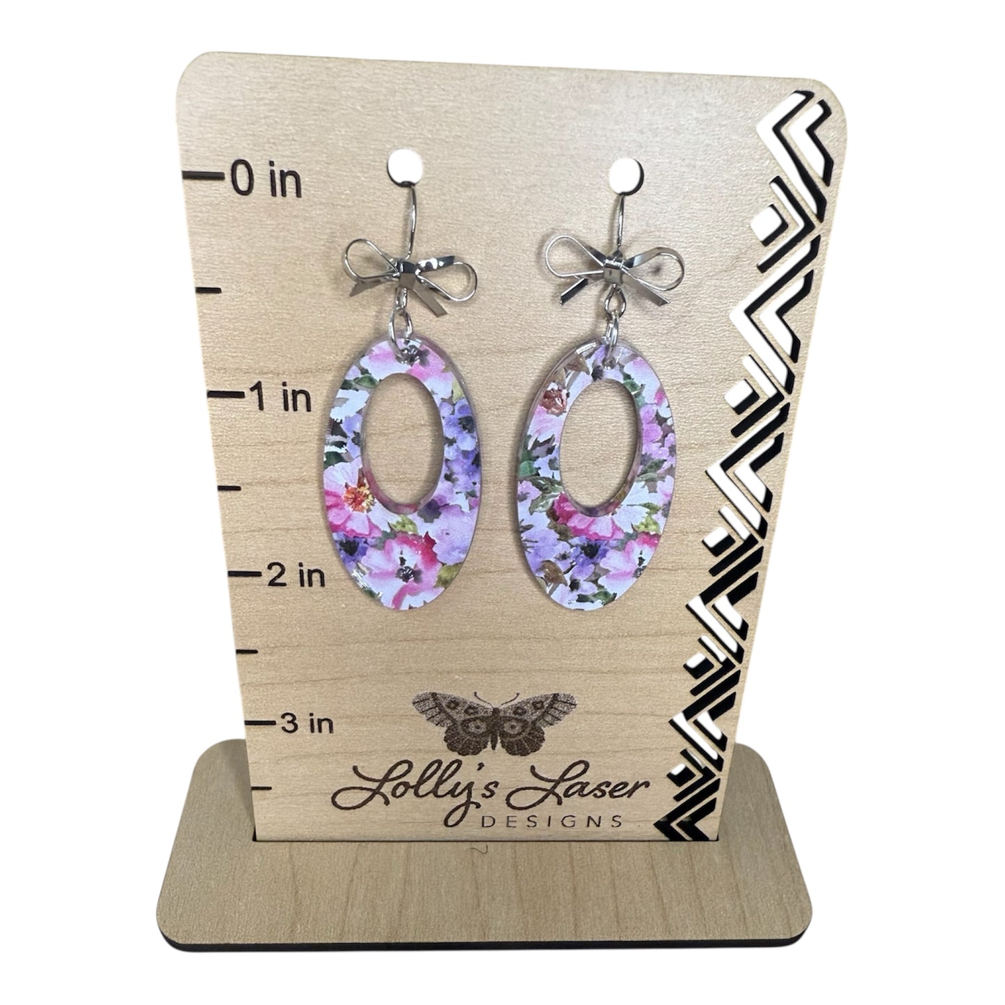 Purple & Pink Floral Oval with Bow Dangle Earrings